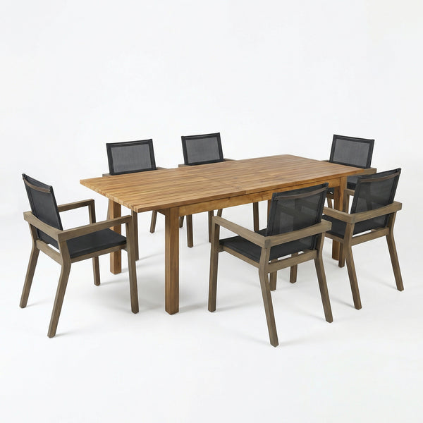 English Elm 7 Piece Solid Acacia Outdoor Dining Set Extendable Table Mesh Seats Patio Ready N762S000003AAE
