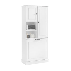 English Elm Tall Storage Cabinet with Flip-Out Basket, Adjustable Shelves & Aluminum Handles for Organized Living White N725P322739K