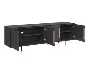 Sunpan Danbury Modern Media Console with Rustic Bronze Accents and Gold Caps - Slate Navy Finish Elegance