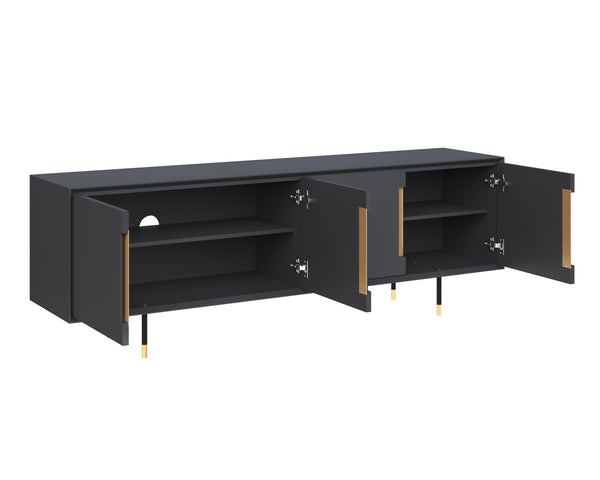 Sunpan Danbury Modern Media Console with Rustic Bronze Accents and Gold Caps - Slate Navy Finish Elegance
