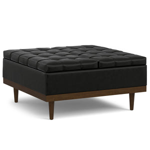 English Elm Mariah Upholstered Lift-Top Storage Ottoman with Split Top, Tufted Vegan Leather, Walnut Base (37.4") Black B136P252686