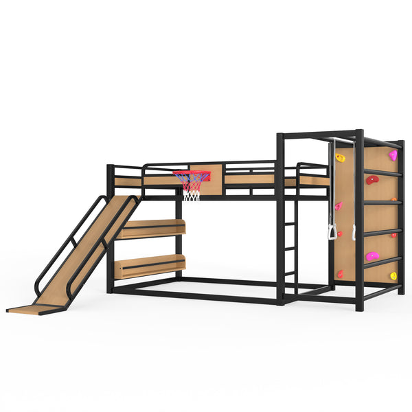 English Elm Twin Metal Loft Bed with Slide Basketball Hoop Climbing Wall and Built-in Shelves W1580S00632