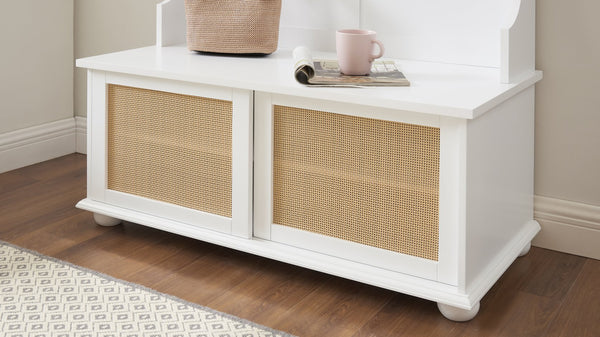 English Elm Clothes Hall Tree Storage Bench with Adjustable Shelves, Sliding Doors, Solid Poplar Feet & Shoe Bench White W2275P210040