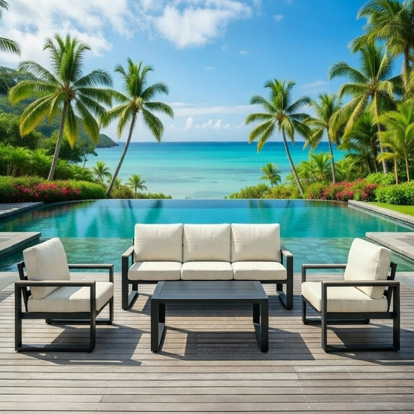 English Elm All-weather Aluminum 5 Seat Outdoor Conversation Set with Tempered Glass Table Beige+Grey B082S00116