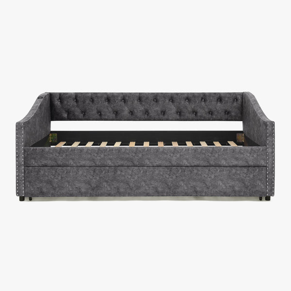 English Elm Twin Daybed with Pull Out Trundle Usb Charging Tufted Upholstered Sofa Guest Bed Grey W1413S00157