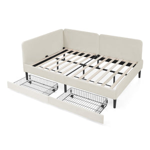 English Elm Full Velvet Upholstered Platform Bed Full Size with 2 Underbed Storage Drawers, Foam Seat, Modern Design Beige W1413P298911