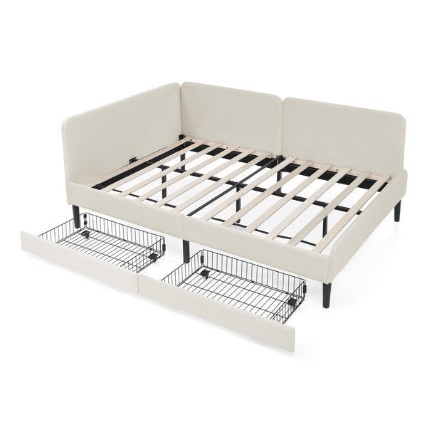 English Elm Full Velvet Upholstered Platform Bed Full Size with 2 Underbed Storage Drawers, Foam Seat, Modern Design Beige W1413P298911