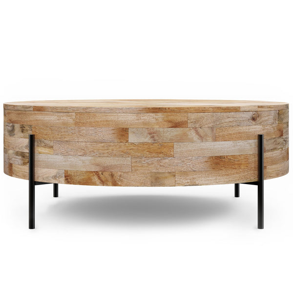 English Elm Rayburn Handcrafted Drum Coffee Table in Natural Mango Wood with Black Metal Legs, 38" Round, Modern Finish B136P159504