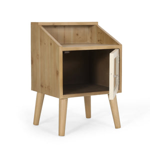 English Elm Christopher Knight Home® - END TABLE Natural & White Engineered Wood with Rattan Accents, Built-In Hutch & Tempered Glass Storage Side Table (24.25"H) 71101.00