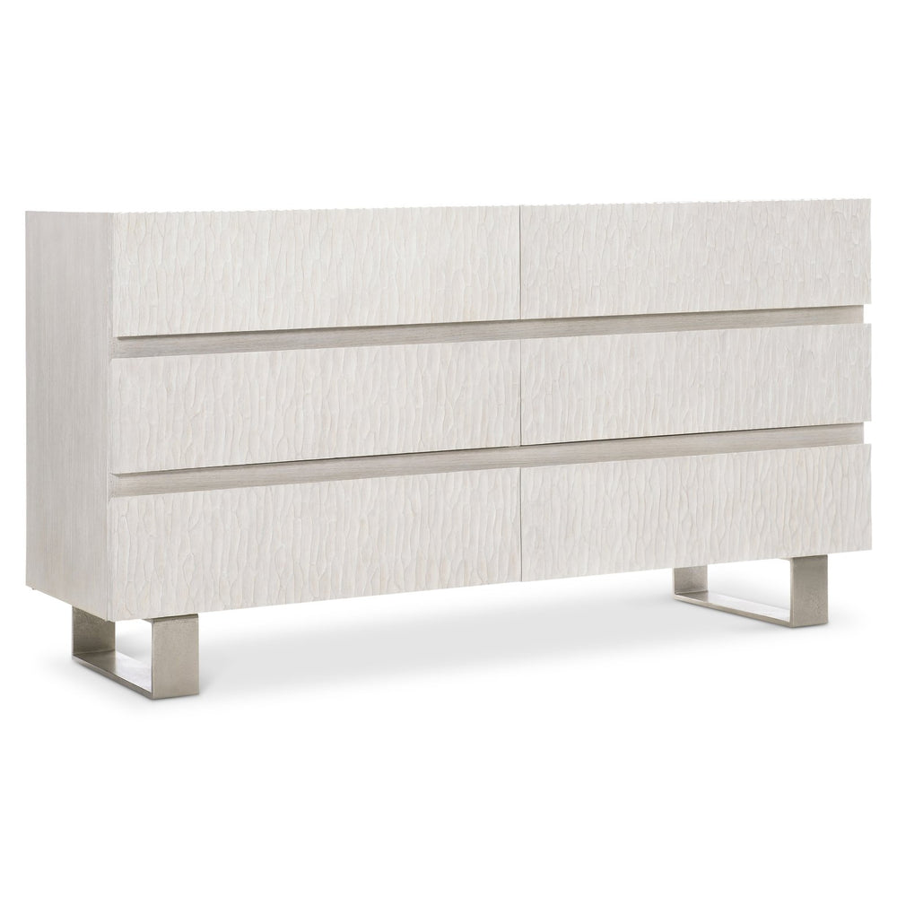 Bernhardt Bernhardt Solaria 6-Drawer Dresser In Weathered Bone With Chisel Cast-Resin Fronts, Nickel Legs, Rustic-Modern Style 310042