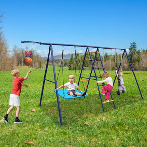 English Elm 6 in 1 Steel A-frame Backyard Swing Set with Climbing Net Trapeze Hammock and Hoop W1408P367263