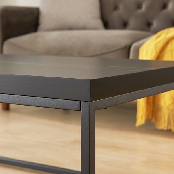 English Elm 47" Faux Stone Slab Coffee Table with Powder-coated Steel Frame for Modern Loft Living Black Marble-Look Sintered Stone W3151P400579