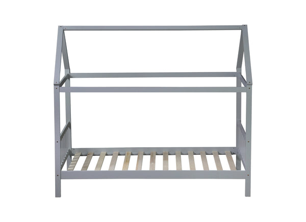 English Elm Twin House Bed with Headboard and Footboard — Space-Saving Rubberwood Frame, Playful Architectural Design LIGHT GREY W504P225966