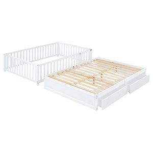 English Elm Full Size Pinewood Kids Daybed with Fence Rails Split Floor Bed and Storage Drawers White LP100882AAK