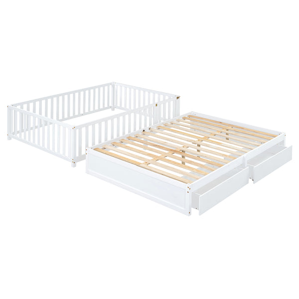 English Elm Full Size Pinewood Kids Daybed with Fence Rails Split Floor Bed and Storage Drawers White LP100882AAK