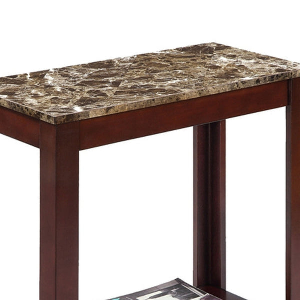 English Elm 24" Tall Wooden End Table - Dark Cherry Finish With Elegant Marble-Print Top For Versatile Use B072115843