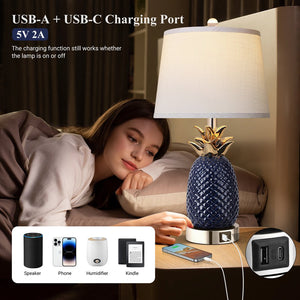 English Elm 22" Pineapple Table Lamps Set of 2 Navy Blue Ceramic 3-Level Touch Dimmable with USB-C+USB-A Ports and Bulbs Included W3355P369130
