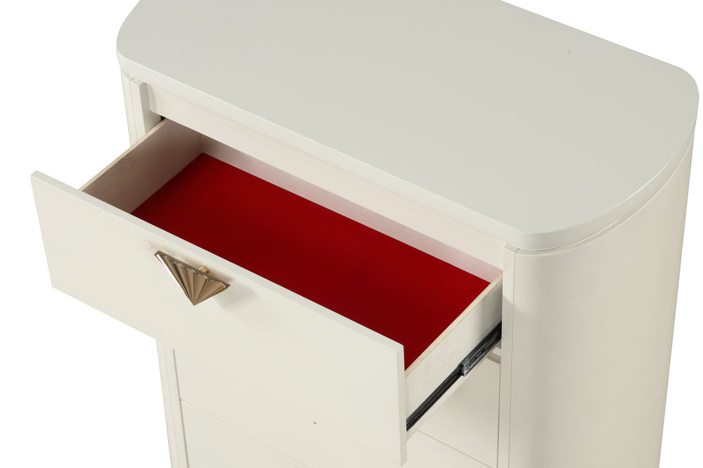 English Elm La Pierre Modern 5-Drawer Chest With Open Mirror, Gold Accents & Elegant Beige Finish For Stylish Storage B009P270816