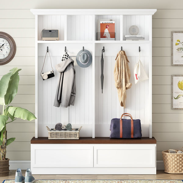 English Elm Rattan Door Hall Tree Bench with 6 Hooks Farmhouse Entryway Storage White+Walnut N721S000076K