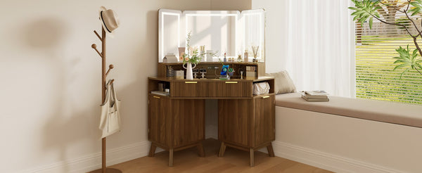 English Elm 47.2" Corner Lighted Makeup Vanity with Fluted Panel Tri-fold Mirror and Charging Station Walnut N704P392485P