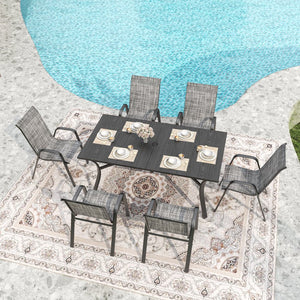 English Elm 7-piece Outdoor Dining Set with Wood-grain Steel Table Umbrella Hole Six Ergonomic Chairs Black+ Gray W3979S00043