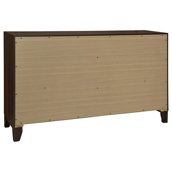 English Elm Anza Queen Bedroom Set with Taupe Upholstered Headboard and Walnut Finish Storage B062S01691