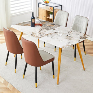 English Elm Table Modern Minimalist Dining Set With White Imitation Marble Top & 4 Pu Upholstered Chairs W1151S01678-GIGA