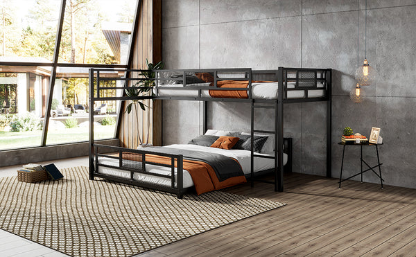 English Elm L-shaped Steel Twin Over Full Bunk Bed Corner Frame with Guardrails for Kids N750P196510B
