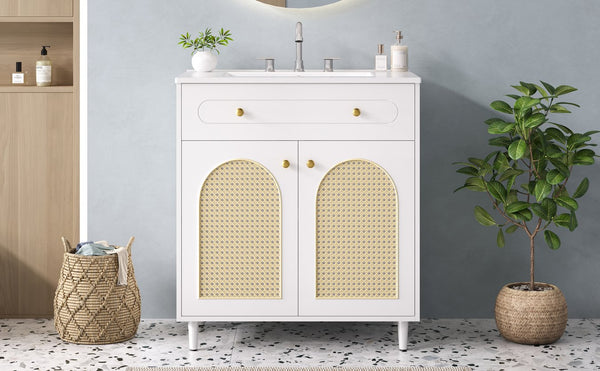 English Elm 30" Rattan Front Bathroom Vanity Solid Pine Cabinet with Ceramic Sink and Adjustable Shelf White N710P293988K
