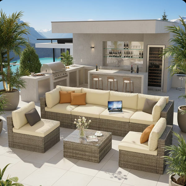 English Elm 7-piece Outdoor Modular Sectional Pe Wicker Patio Set with Tempered Glass Coffee Table Beige+Brown B082S00063