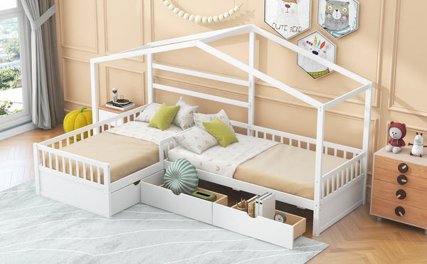 English Elm Twin House Platform Bed with Three Storage Drawers for Kids, Solid Pine & MDF, Sleek Roof Design White GX001026AAK