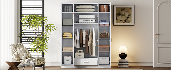 English Elm 4-door Wardrobe with Top Cabinet Locking Drawer Tall Bedroom Closet in White LP006006AAK