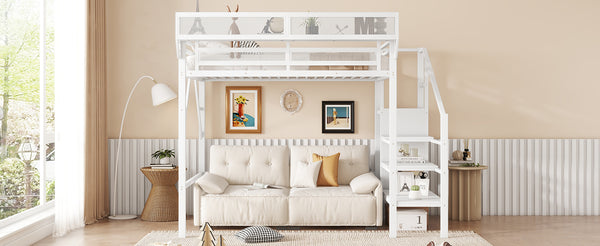 English Elm Twin Twin Size Loft Bed with Stairs and Built-In Shelves, Metal High Loft with Wardrobe for Kids Teens White W2580S00036