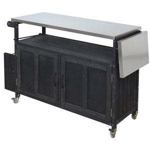 English Elm Foldable Outdoor Kitchen Cart with Stainless Worktop Fir Wood Frame and Lockable Wheels Black N719P380279B