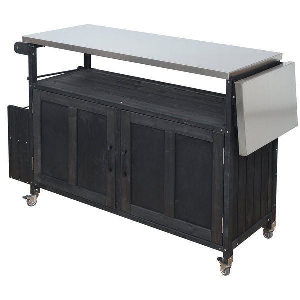 English Elm Foldable Outdoor Kitchen Cart with Stainless Worktop Fir Wood Frame and Lockable Wheels Black N719P380279B