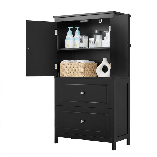 English Elm Bathroom Storage Cabinet with Two Doors and Drawers, Adjustable Shelf, MDF Finish, Slim 28"L x 15"W Black N725P188460B