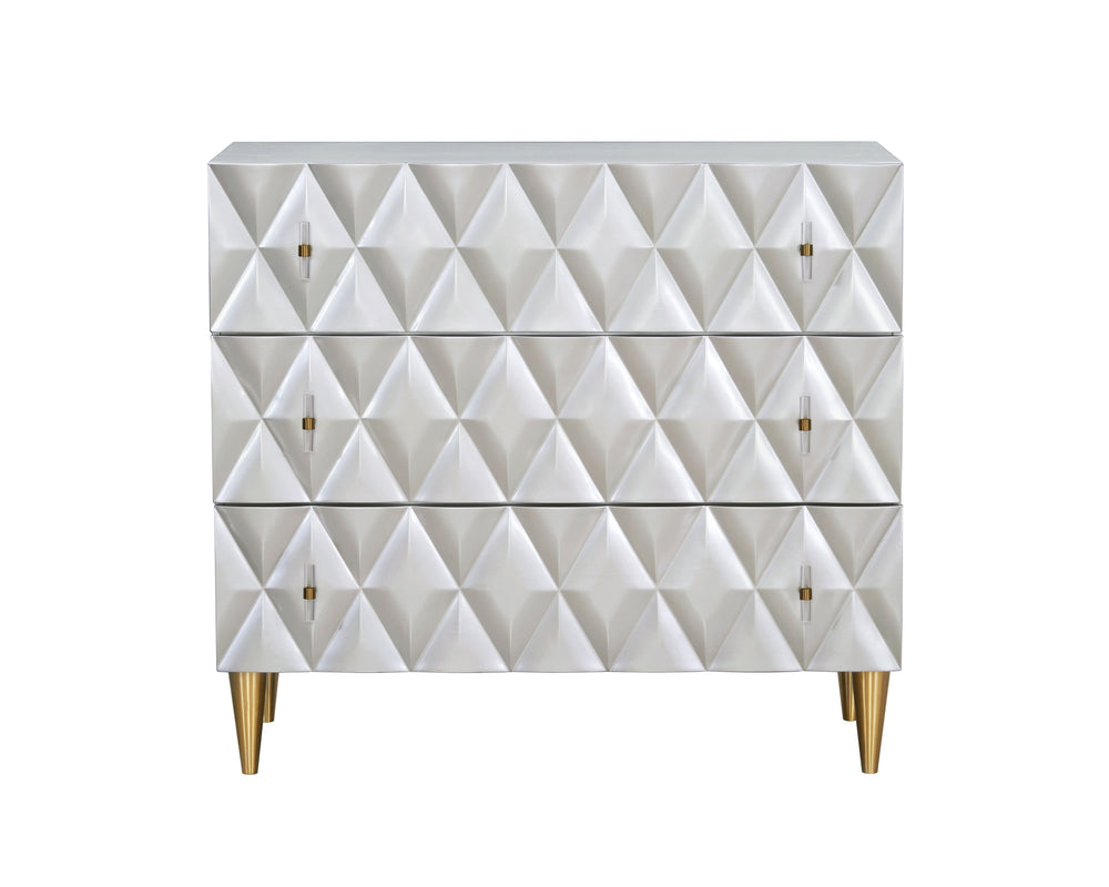 English Elm Anson Champagne & Silver Console Cabinet with 3 Felt-Lined Drawers, 3D Diamond Front & Gold Legs B2726P272311