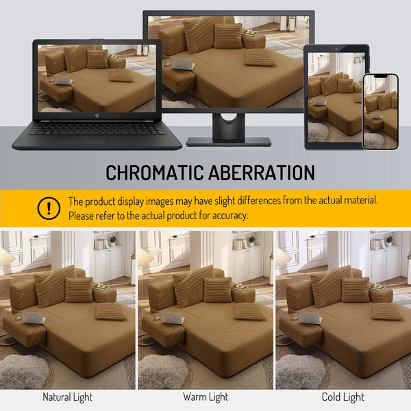 English Elm Luxurious Corduroy Convertible Chaise Lounge Sofa Bed with Storage and Coil Spring Foam Camel W3219P483086