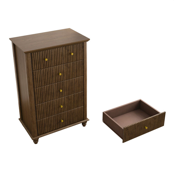English Elm Fluted Mid-Century 5-Drawer Dresser with Metal Handles — Stylish Vertical Grooves, Sturdy Storage Solution Walnut 42.32 L x 21.06 W x 11.81 H W1716P330707