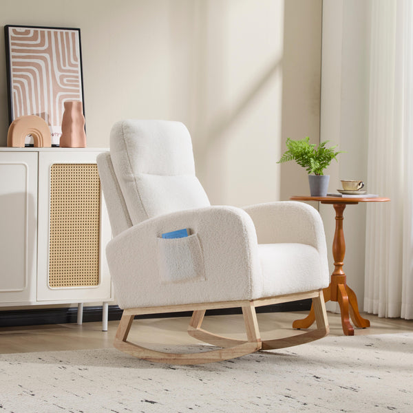 English Elm Modern Teddy Rocking Chair with Solid Wood Legs, High Back Nursery Glider, Side Pocket, 300LB Capacity W3723P409072