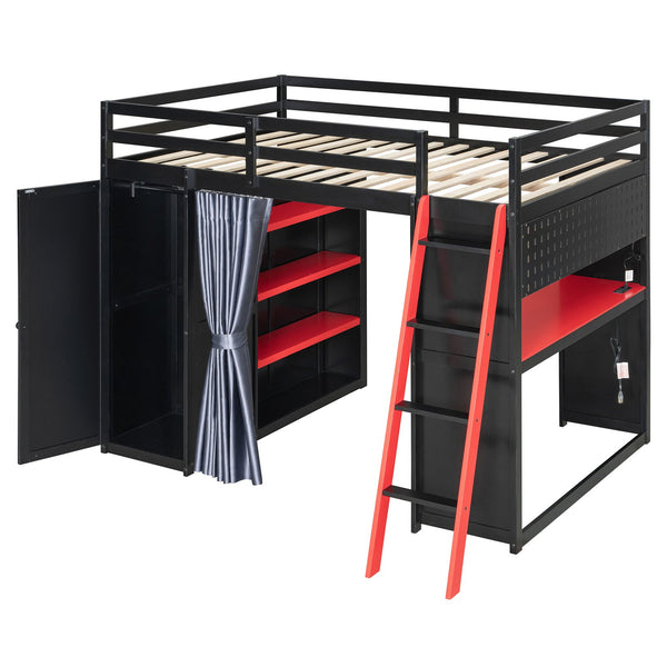 English Elm Full Size Wood Loft Bed with Wardrobe Desk Shelves Rgb Lighting and Blackout Curtains Black+Red LT000269AAJ-1