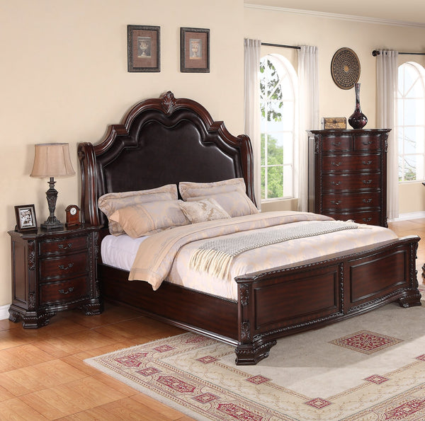 English Elm 1pc Three Drawers Nightstand Dark Cherry Finish Solid Wood Nightstand with Antique Brass Handles, Curved Silhouette, 30" x 18" x 29.5" B2741P366081