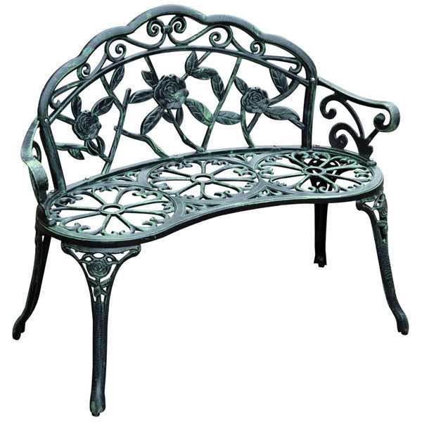 English Elm Outsunny Elegant Cast Aluminum Outdoor Bench With Floral Accents, Antique Green Finish For Patios W2225P174084-GIGA