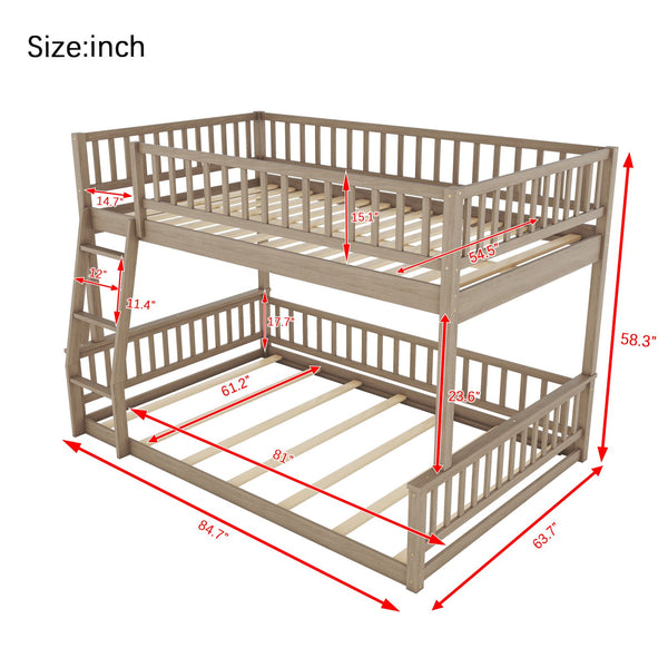 English Elm Full Xl Over Queen Bunk Bed Pine Frame with Guardrails Ladder and Slat Support Walnut GX000450AAD