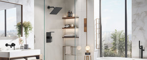 English Elm Shower 8" Square Rain Head Faucet Set with Single-Handle Mixer, 15" Arm, Rack Storage & Detachable Trim (Modern) Matte Black T3177P269146