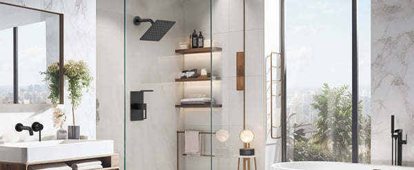 English Elm Shower 8" Square Rain Head Faucet Set with Single-Handle Mixer, 15" Arm, Rack Storage & Detachable Trim (Modern) Matte Black T3177P269146