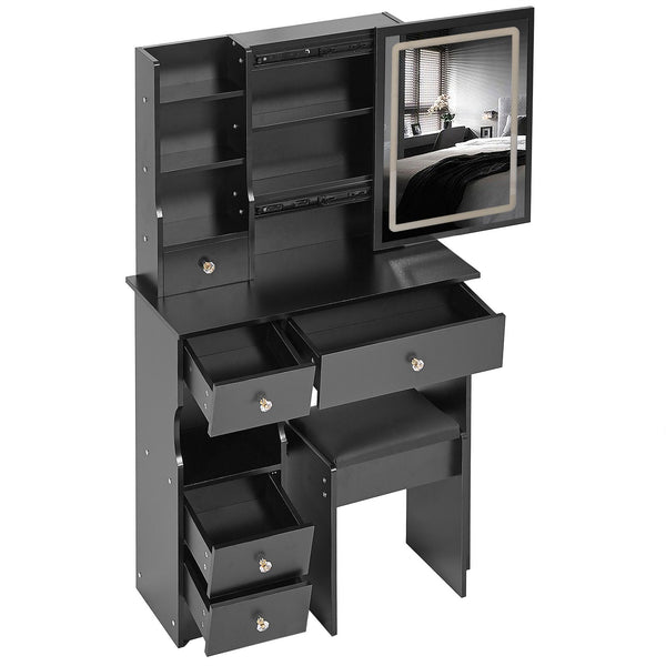 English Elm 29.2" Compact Left Drawer Vanity Table With Cushioned Stool, Touch Control Led Mirror & Storage Solution W936P202449