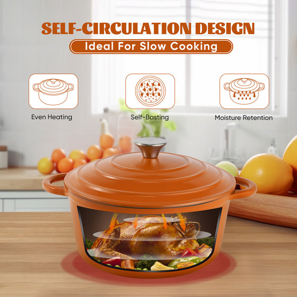 English Elm 4.5 Quart Dutch Oven Pot with Lid, Enameled Cast Iron, Nonstick Ceramic Surface for Even Cooking and Moisture-Retaining Baking up to 500°F Orange T3950P396343