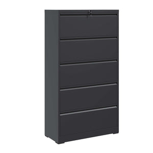 English Elm 5 Drawer Steel Lateral Filing Cabinet Lockable Home Office Organizer Matte Finish Black T2398S00005