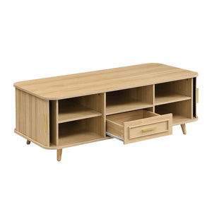 English Elm Modern Mid-century Coffee Table Tambour Doors Open Shelves Warm Wood Living Room Natural N770P333551N